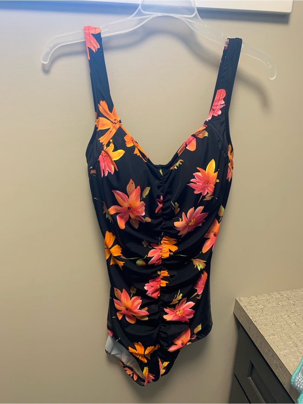 Maxine’s of Hollywood Ruched Black One-Piece Swim Top - Pink & Orange Bloom